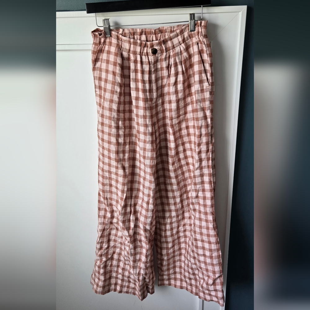 Lou & Grey Women's Pink Gingham Wide-Leg Linen Pants - Picture 2 of 7